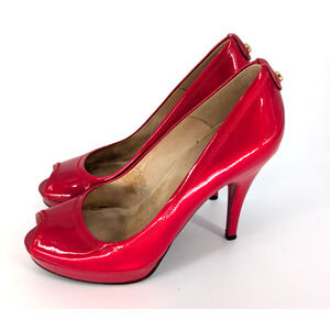 Stuart Weitzman Candy Apple Red‎ Patent Leather Peep Toe Pumps 8M 4.5″ Heel Glam